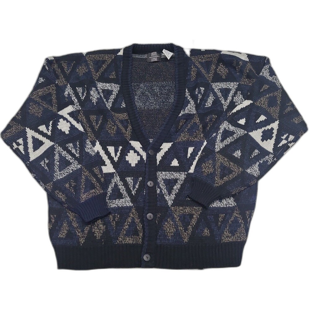 Vtg Button Up Cardigan Sweater 90s Geometric Pattern Grunge Grandpa knit